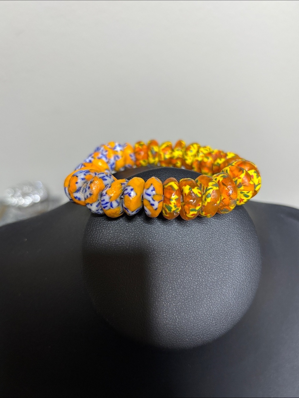Orange Painted Clay Bead Stretch Bracelet Statement Vintage